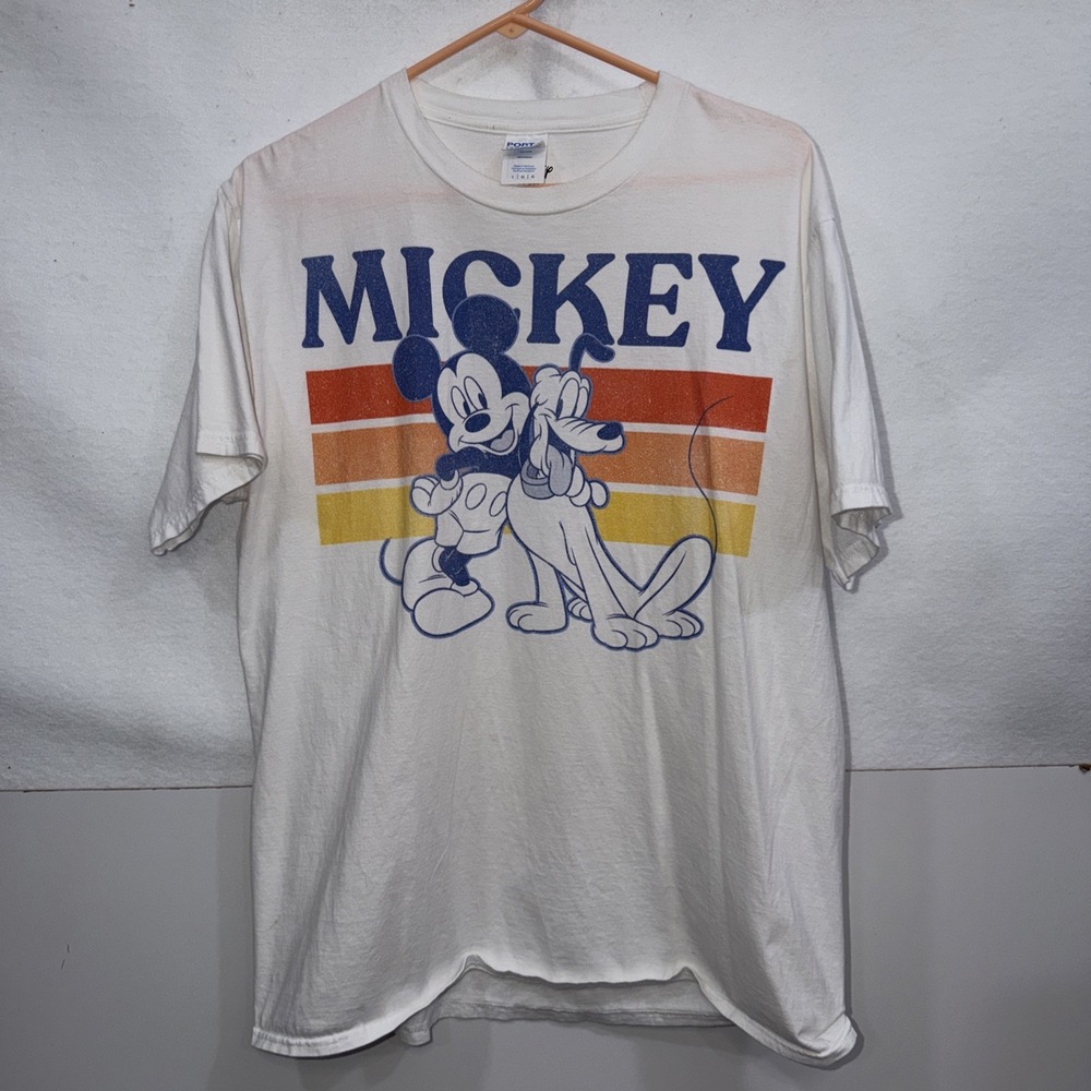 Disney T-Shirt Unisex Large Mickey Mouse Pluto White Crew Neck Short Sleeve